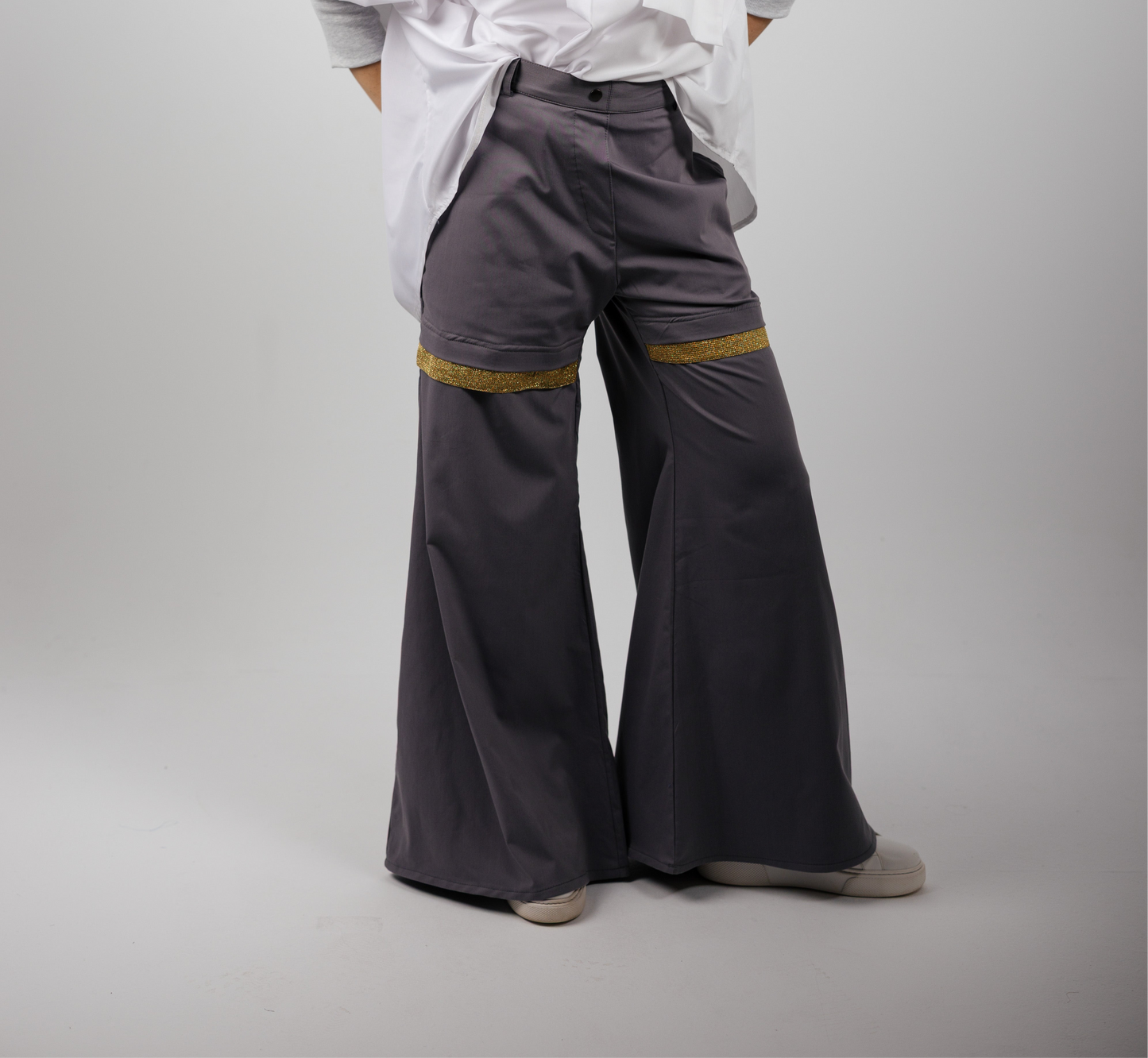 Gray Flared Gold Panel Pants