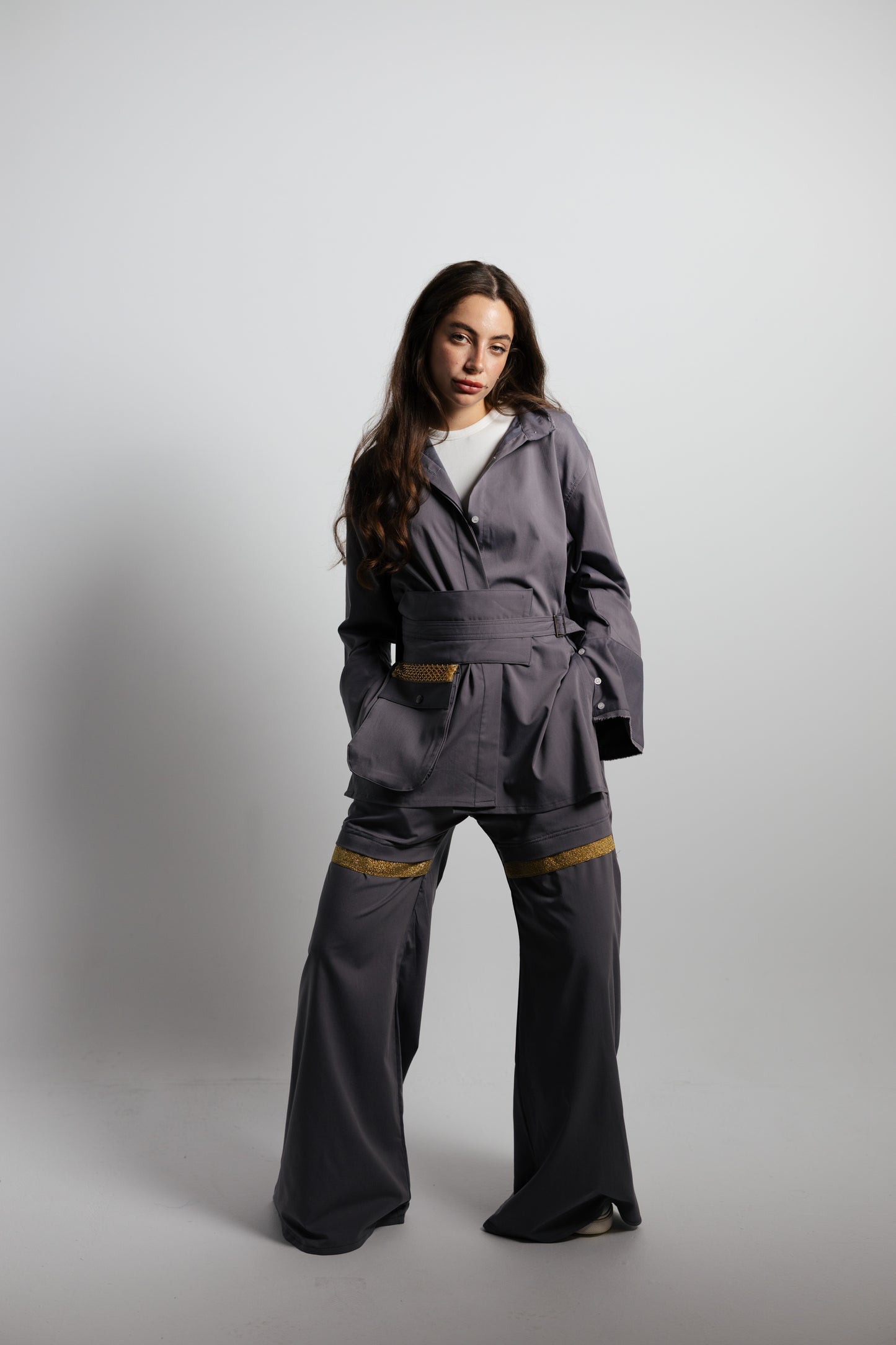 Gray Flared Gold Panel Pants