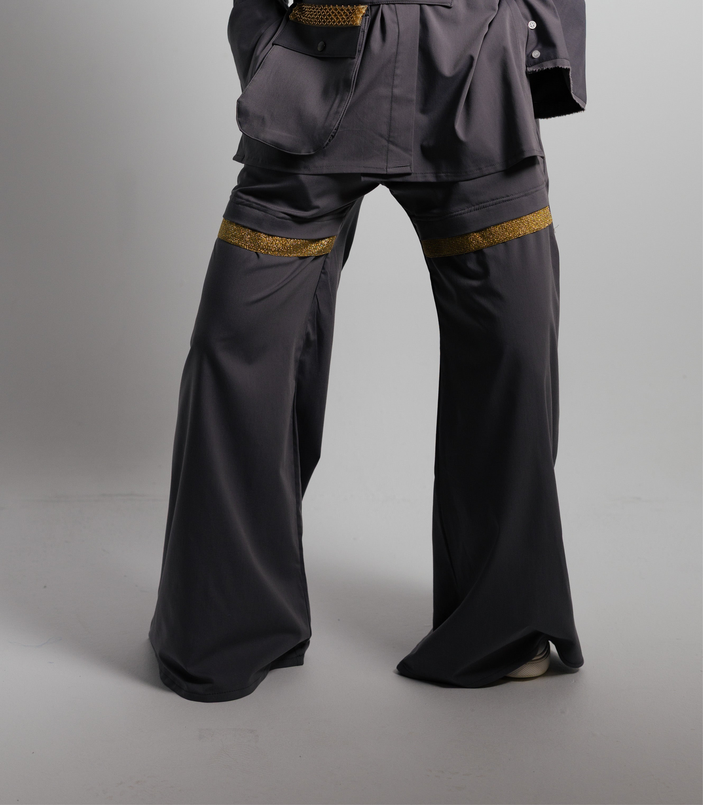 Gray Flared Gold Panel Pants
